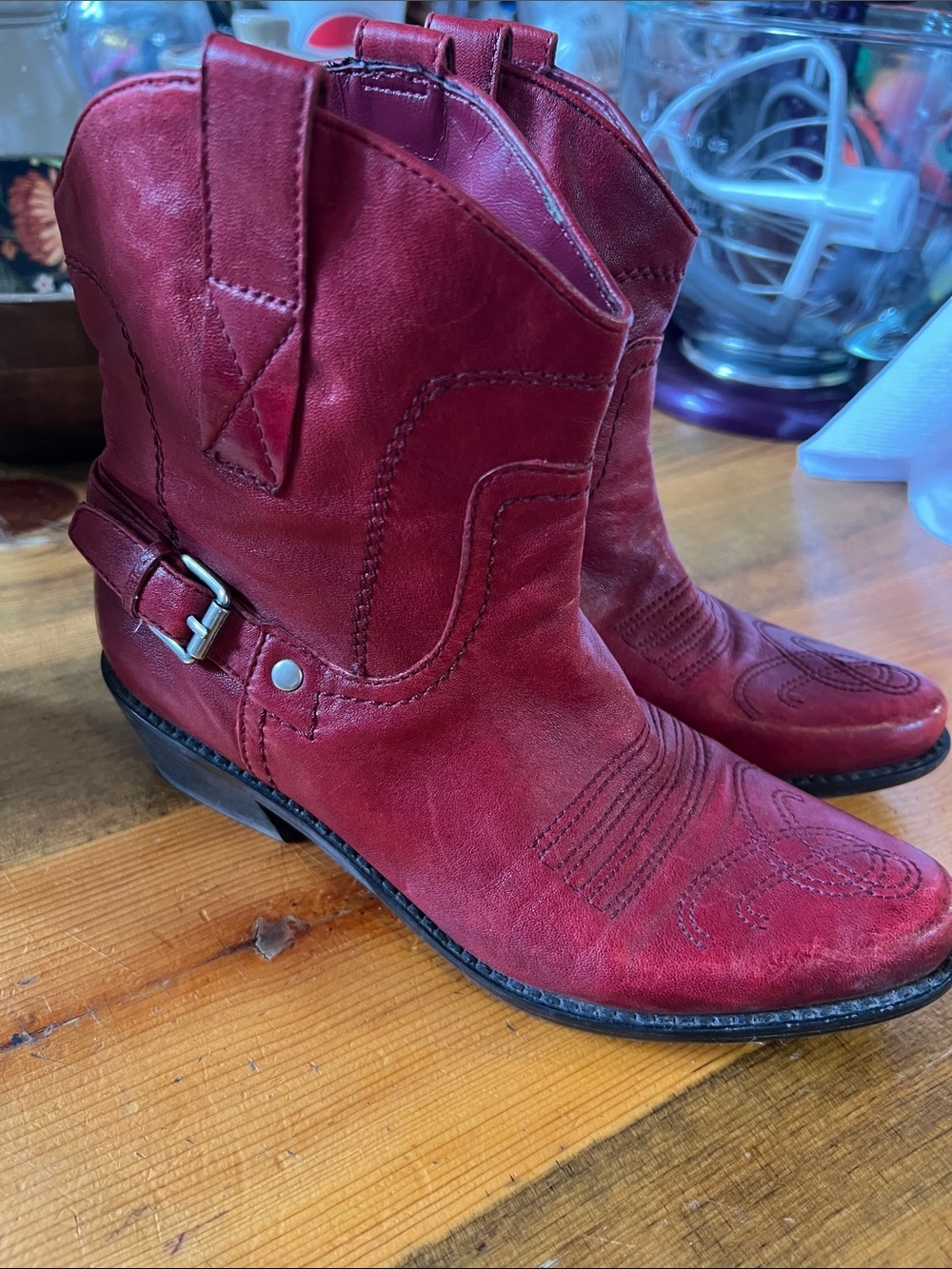 Franco Sarto Red Suede Western Booties with Buckle - Picture 7 of 7